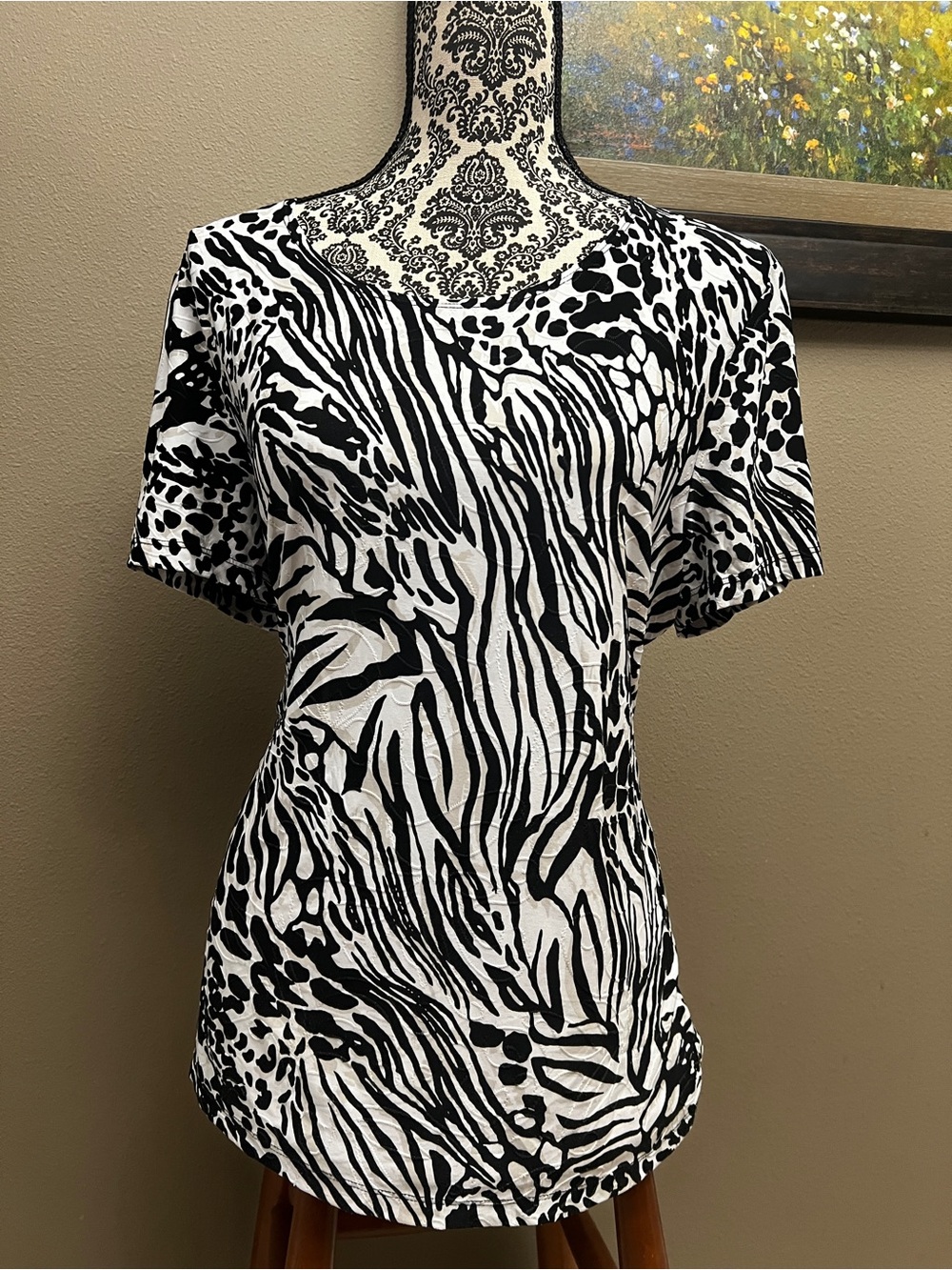 JM Collection Black White Tan Animal-Print Short Sleeve Top